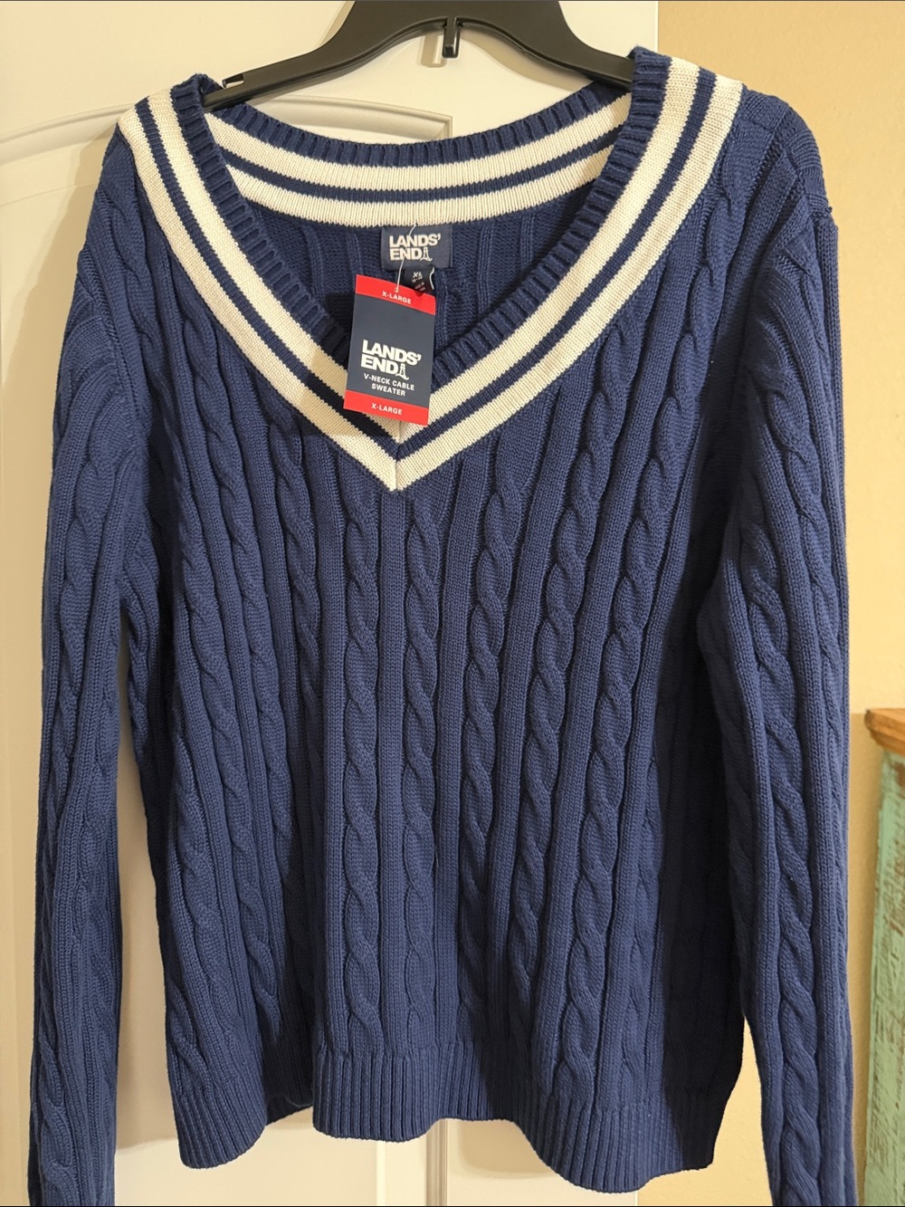 Lands' End Women's Cable V-Neck Sweater in Blue with White Trim